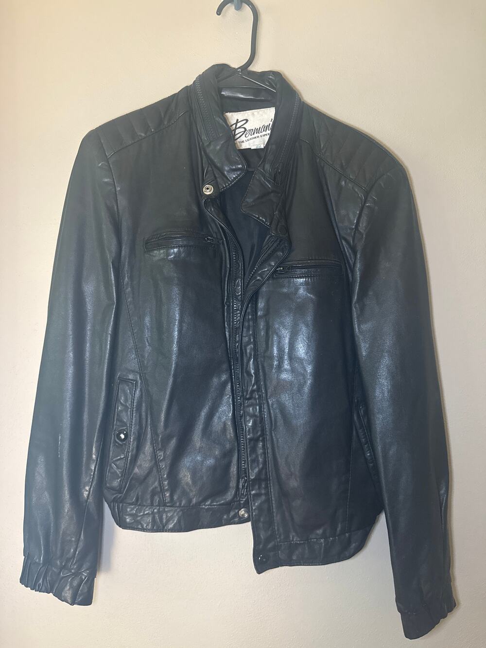Vtg Berman's Classic Leather Black Motorcycle Jacket Size 40 Hidden Hood KOREA